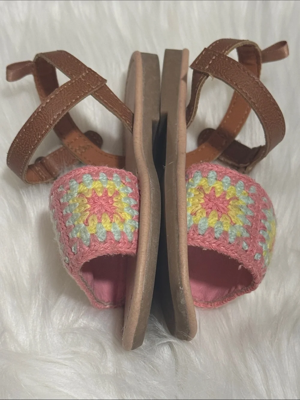 Carter's Toddler Girls Pink Granny Square Crochet Sandals with Tan Ankle Straps